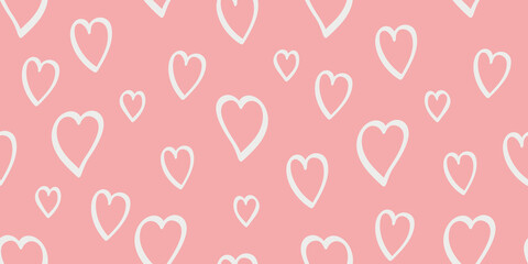 Pink love heart. Romantic print wallpaper texture. Valentine`s Day background with hand drawn hearts. Vector seamless background with hearts. Ornament for wrapping paper, anniversary greeting cards.