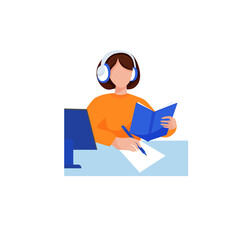 Self education. Girl learning by herself from textbooks, doing homework and using computer. Online courses, distance studying, self education. Character in simple style