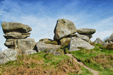 Natural unworldly ancient rock formations, Brimham Rocks, Nidderdale, North Yorkshire, England, UK. (digital watercolour effect).