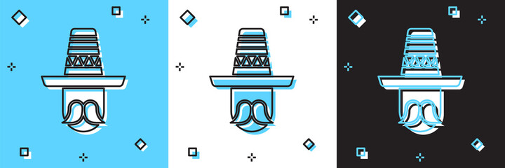 Set Mexican man wearing sombrero icon isolated on blue and white, black background. Hispanic man with a mustache. Vector.