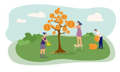 Modern Flat design people and Business concept for Investment. Businessman and businesswoman characters picking cash from money tree.