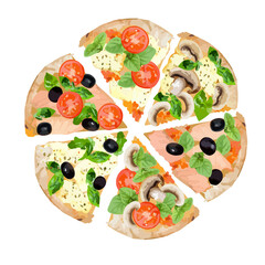 Slices of pizza with different fillings. Tomatoes, mushrooms, salmon, mozzarella cheese and herbs. Vector clipart.