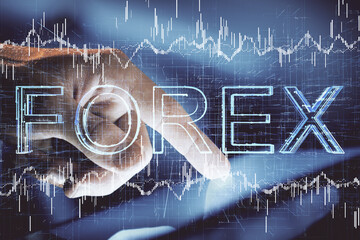 Multi exposure of man's hands holding and using a phone and financial chart drawing. Market analysis concept.