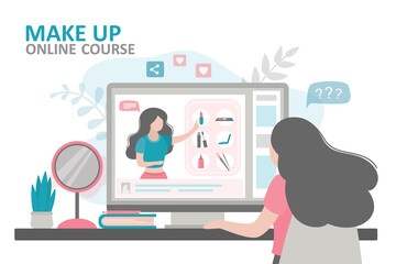 Female character takes online makeup courses. Cosmetologist talks about purpose of various cosmetic products