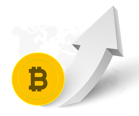 Bitcoin Currency Symbol With Rising Up Growing Arrow. Vector