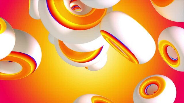 3d video art animation with flying party festive rings donuts or geometry figures as torus in white matte plastic material with glowing multi color stripe on bright orange background