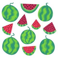 Watermelon summer set stock vector illustration. Whole and sliced fruits isolated on white. Funny cartoon striped colorful watermelons. Summer juicy delicious berries square set. One of a series