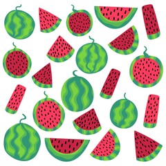 Watermelons set isolated on white stock vector illustration. Funny fruit slices and whole. Colorful striped watermelons different shaped pieces and whole. Summer time bright big red and green berries