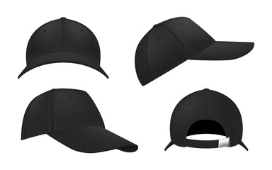 Baseball cap in black color realistic mockups set. Front, side, back, three quater view. Sport male hat.