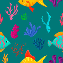 Fototapeta na wymiar Seamless pattern with colorful cartoon fishes. Hand-drawn cartoon sea elements. Sea life. 