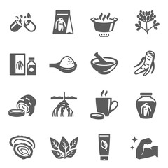 Ginseng root, ingredient, recipe, tea, powder bold black silhouette icons set isolated on white.