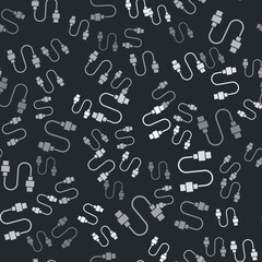 Grey USB cable cord icon isolated seamless pattern on black background. Connectors and sockets for PC and mobile devices. Vector.