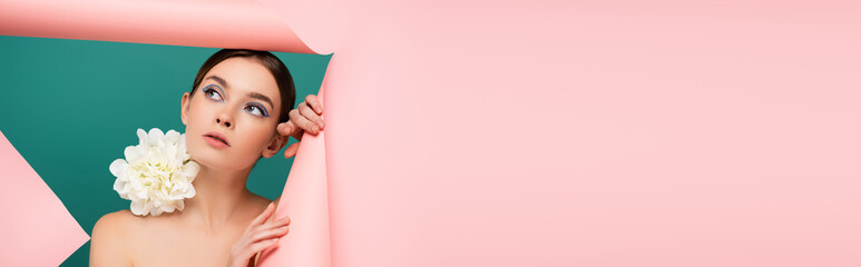 young woman with white peony on shoulder looking out hole in pink paper isolated on green, banner
