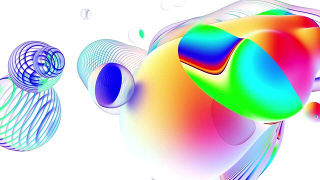 3d render with abstract art surreal alien substance based on deformed meta balls or spheres with parallel color lines pattern with purple yellow and green gradient neon light parts on white background