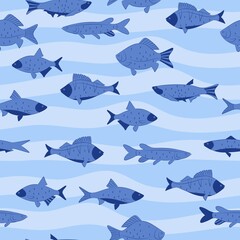 River fish sketch. Seamless blue pattern.
