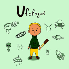 Cute vector alphabet Profession. Letter U - Ufologist