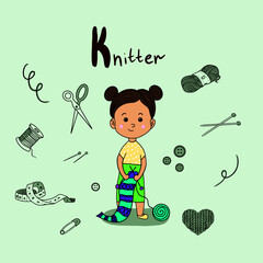 Alphabet Profession set.Learn letters with funny professions.Knitter for K letter.Perfect for education,baby shower,children prints,templat