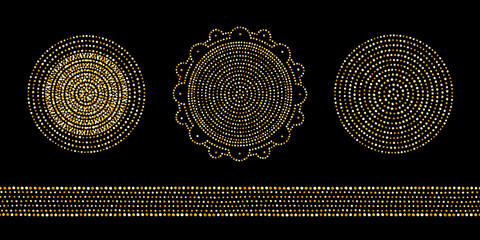 Round golden dot frames set. Circle shapes made of gold foil spangles, hand drawn uneven dots, glittering beads, blobs, spots. Dotty abstract ornamental backgrounds, vector dotted border template.