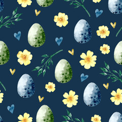 Easter vintage egg watercolor seamless pattern on dark blue background
