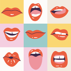 Vector illustration female mouths. Red lipstick. Various of mimic, emotions, facial expressions. Poster for print.