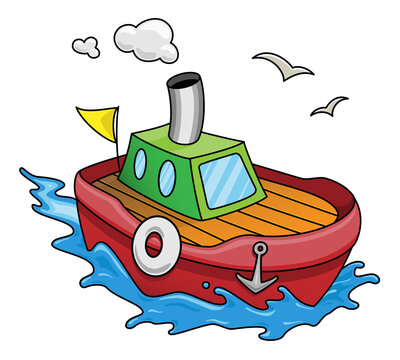 Colourful children cartoon illustration of a boat on the sea.Vector clipart isolated on white.