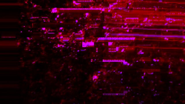 Defected red purple looped HUD interface with abstract and trippy digital code. Concept glitch background as cyberpunk computer meltdown overlay with fragments and hex code of alien communication decr