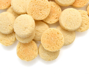 Freshly baked sugar cookies on white background