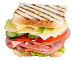 Sandwich with ham, cheese, tomato, lettuce and toasted bread isolated on a white background