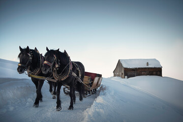 black horses pull a carriage on a snow-covered mountain road, light colors, Nordic scene, tradition - 416345571