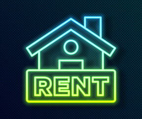 Glowing neon line Hanging sign with text Rent icon isolated on black background. Signboard with text For Rent. Vector.