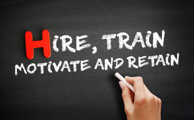 Hire, Train, Motivate and Retain text on blackboard, concept background