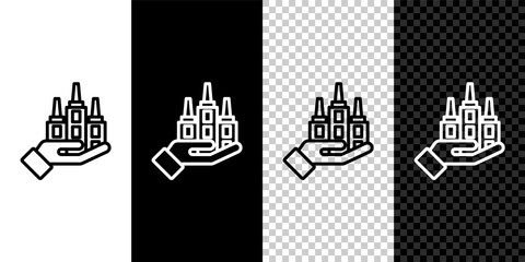 Set line Skyscraper icon isolated on black and white, transparent background. Metropolis architecture panoramic landscape. Vector.