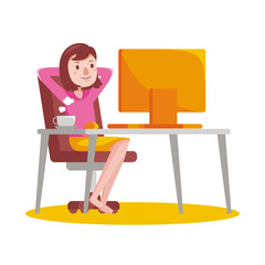 Woman working with computer at home. Vector illustration in flat design.