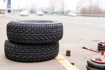 Equipment for car service and repair, tire machine for balancing automotive wheels, balancing stand, closeup