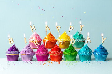 Colorful cupcakes spelling happy birthday - Powered by Adobe