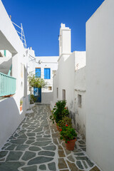 Narrow street in Castro (Kastro), the oldest part of the Chora town on Folegandros island. Cyclades, Greece