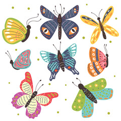Set of exotic tropical multicolored butterflies. Collection of patterned winged vector insects