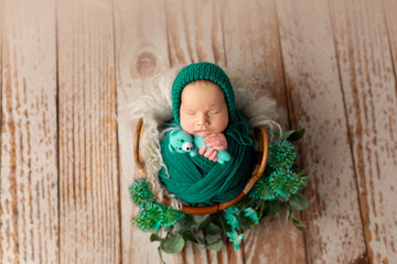 first photo session. newborn child. the child lies swaddled with a toy in his hands. swaddling a newborn