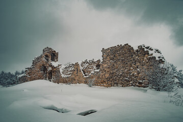 Ruins of Mangup-Kale cave city in the winter