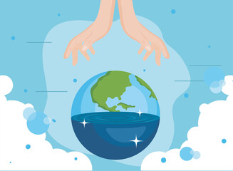 Water day with world sphere under hands vector design