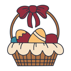 Vector basket with Easter eggs and bow in Doodle style, hand-drawn.