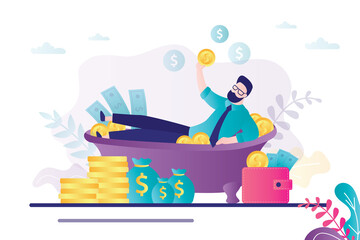 Male character takes in bath full of bills and coins. Cartoon businessman bathes in wealth