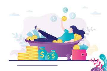 Cartoon businesswoman resting in bath full of banknotes and coins. Rich lady having bath with money