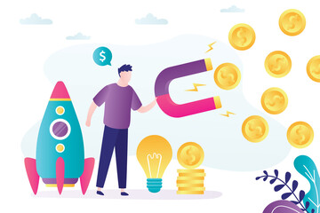 Businessman have new business idea. Entrepreneur holds magnet and attract money. Attracting sponsors and investors to new startup.