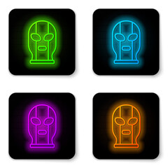 Glowing neon line Mexican wrestler icon isolated on white background. Black square button. Vector.