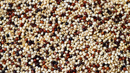 Close up of raw quinoa texture. Macro image of ingredient background. Copy space