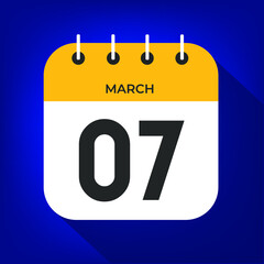 March day 7. Number seven on a white paper with yellow color border on a blue background vector.