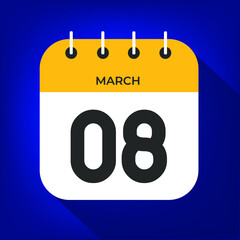 March day 8. Number eight on a white paper with yellow color border on a blue background vector.