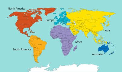 World map divided into six continents in different color. World map 6 continents isolated.  Vector stock