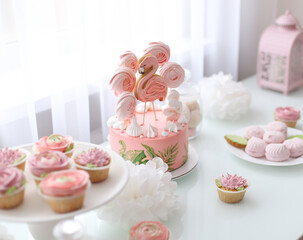 Pink flamingo as a decoration on the cake